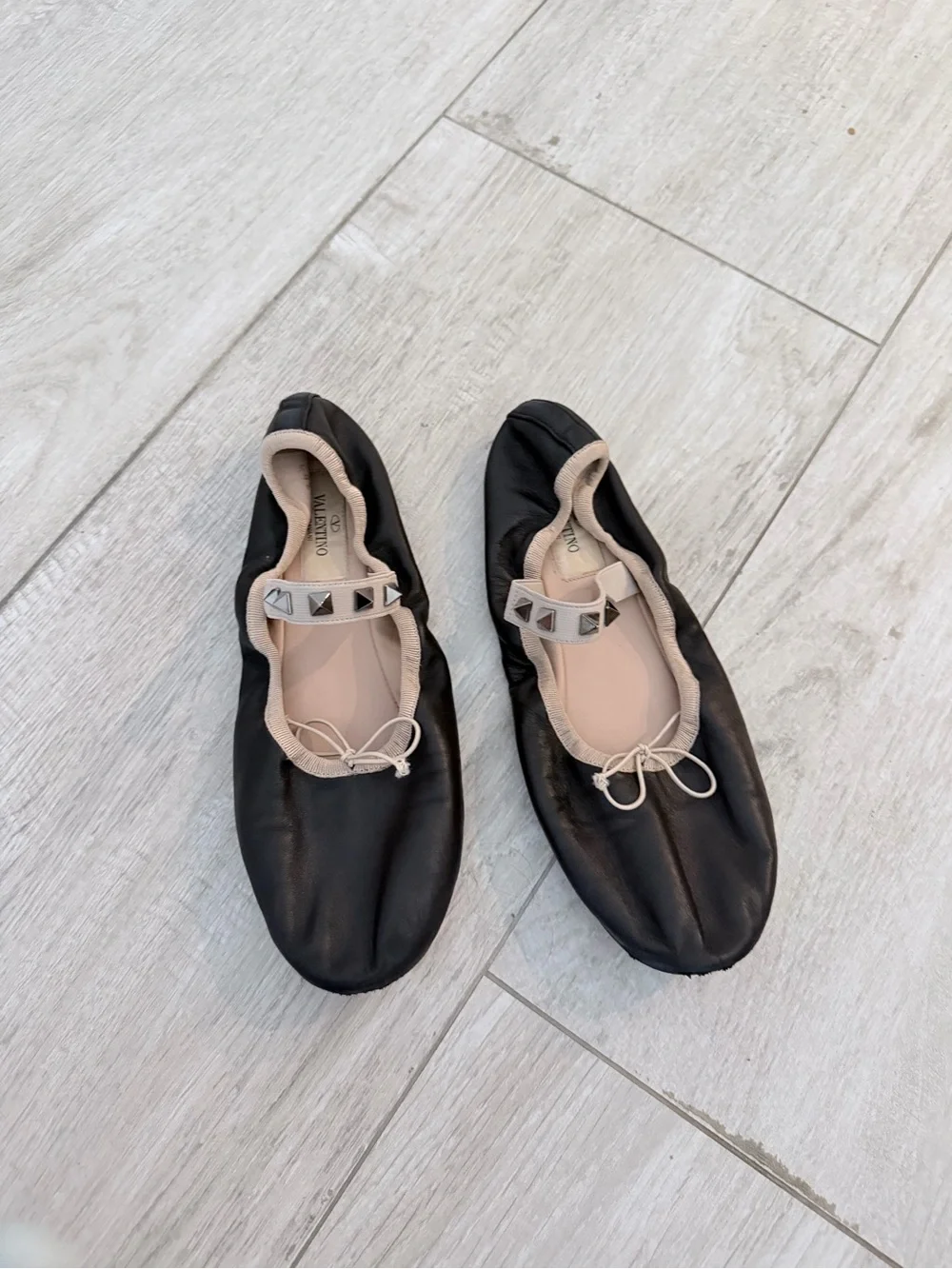 Valentino Black Ballet Flats with Beige Trim and Pyramid Stud Strap